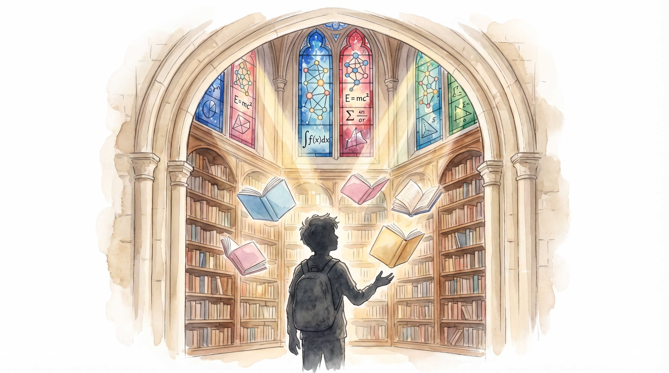 A curious student enters the cathedral of AI knowledge — floating books, stained glass with mathematical formulas