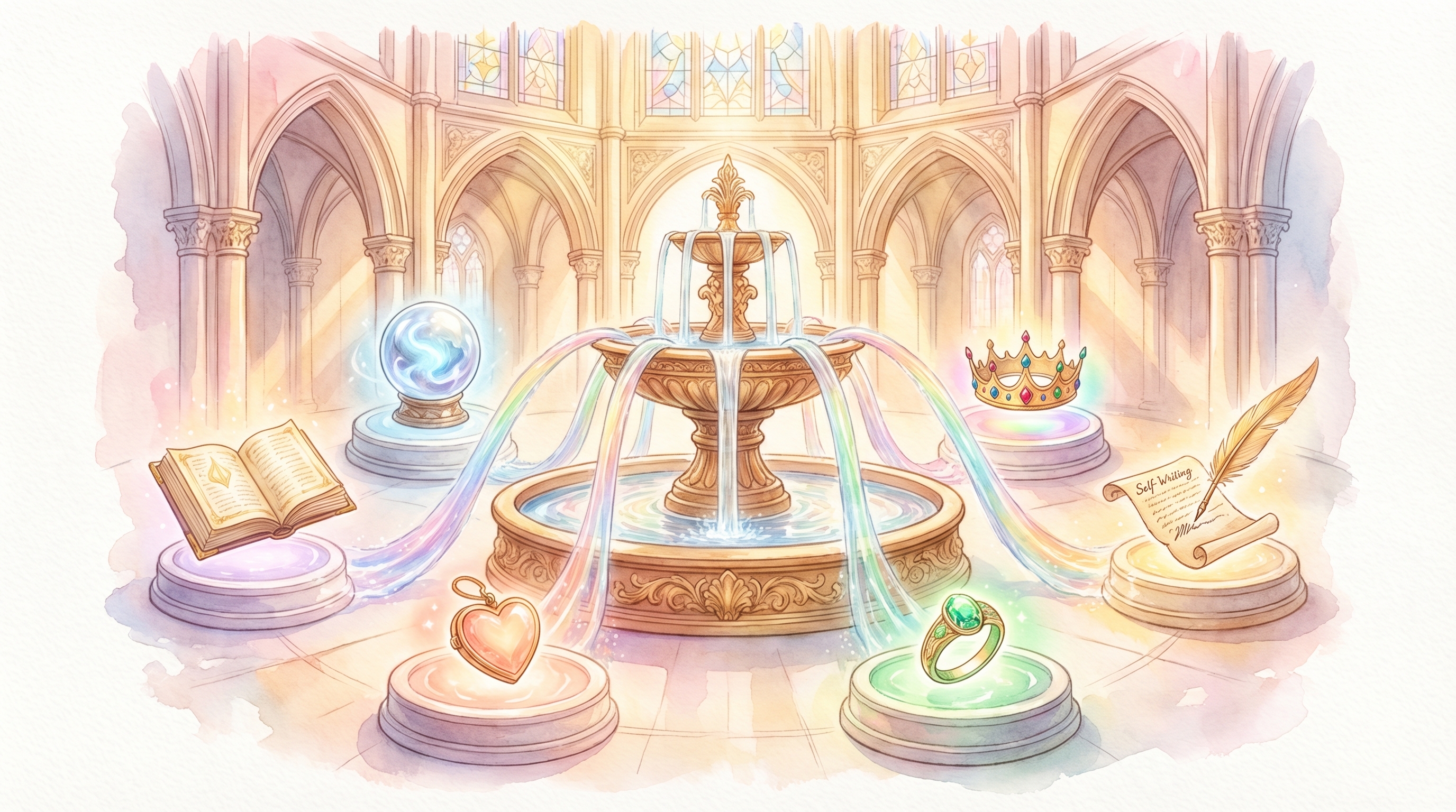 A magical knowledge fountain in a sunlit cathedral courtyard — streams of light carrying symbols of learning